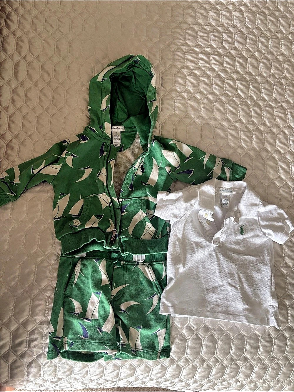 Ralph Lauren Polo Shirt, Terry Hoodie & Short Set Green & White